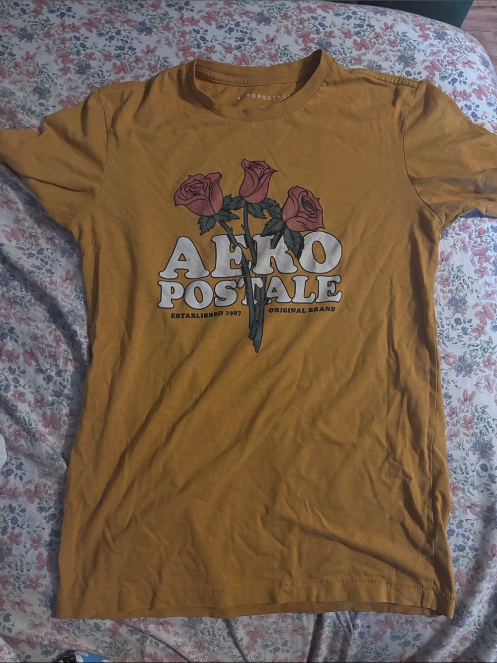 Aeropostale Mustard Yellow Tee with Pink Rose Graphic